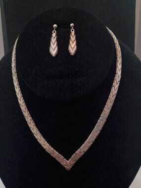 Vtg Italy 14K Gold Vermeil 925 Silver Tri-Color Chevron Necklace & Earrings Set